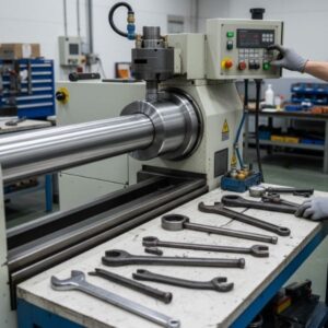 Close-up of high-precision hydraulic honing equipment and industrial repair tools.