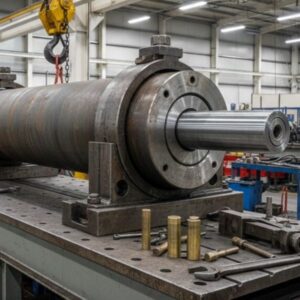 A large industrial hydraulic cylinder secured on a professional disassembly table for maintenance.