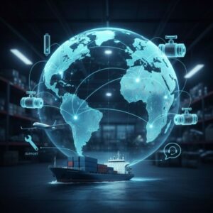 Conceptual representation of global shipping and support for industrial hydraulic parts.