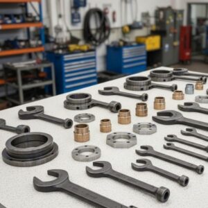 A collection of specialized hydraulic spanner tools and hex plates for precision cylinder repair.